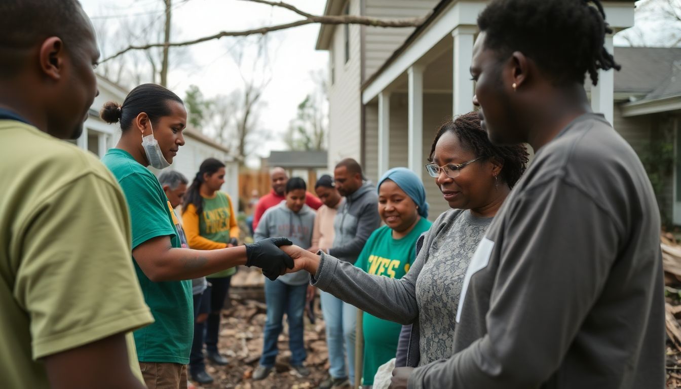 A community coming together to help a neighbor in need, with volunteers working to clear debris, repair homes, and provide emotional support, symbolizing the power of community resilience