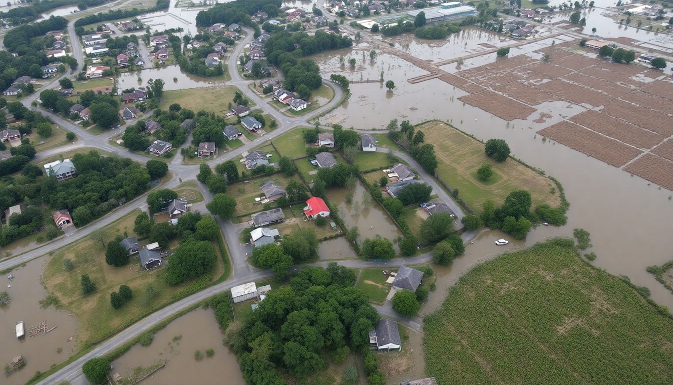 Aerial view of western North Carolina showing the widespread flooding, damaged homes, and destroyed crops after Hurricane Helene