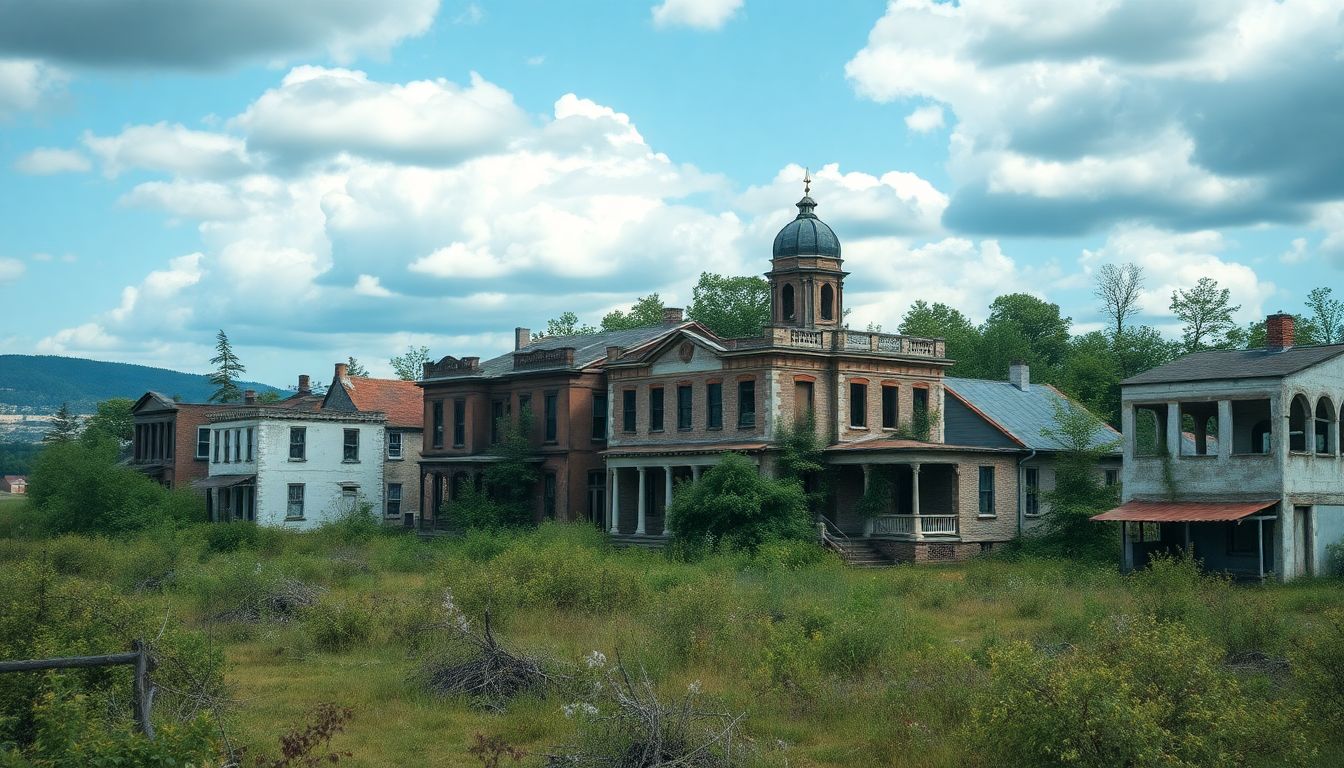 A once-thriving town now deserted and in ruins, with overgrown vegetation and abandoned buildings, symbolizing the long-term consequences of legislative inaction