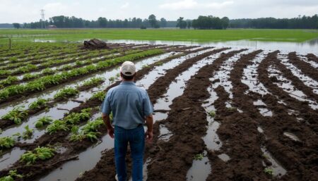 A somber image of a flooded farm in western North Carolina, with damaged crops and eroded soil, reflecting the extensive damage caused by Hurricane Helene. In the foreground, a determined farmer surveys the wreckage, symbolizing the resilience of the community in the face of adversity.