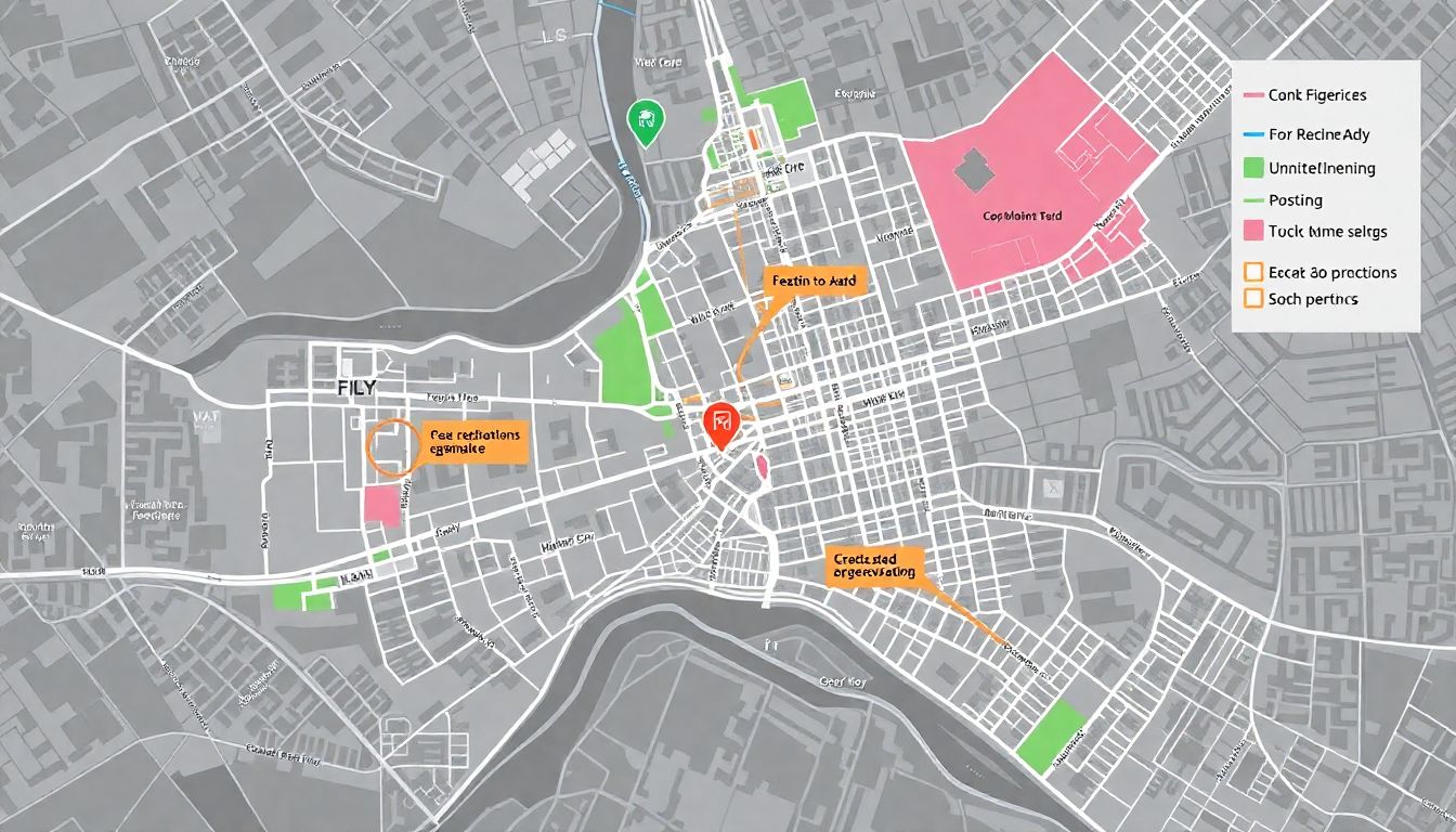 A detailed city map with various factors marked, showing the need for microplanning in land-use decisions