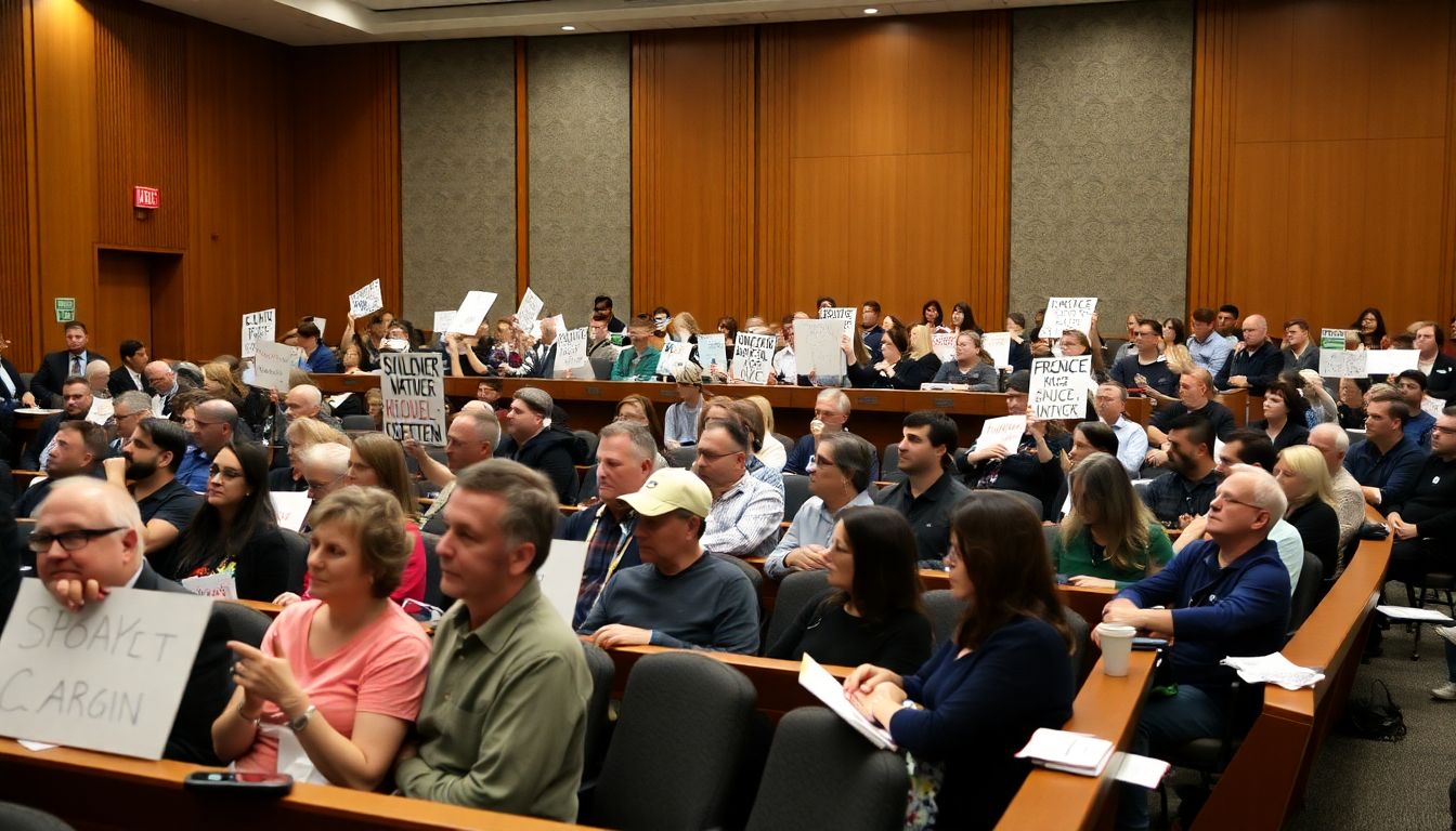 A packed city council chamber during the public hearing, with Calgarians holding signs and listening intently