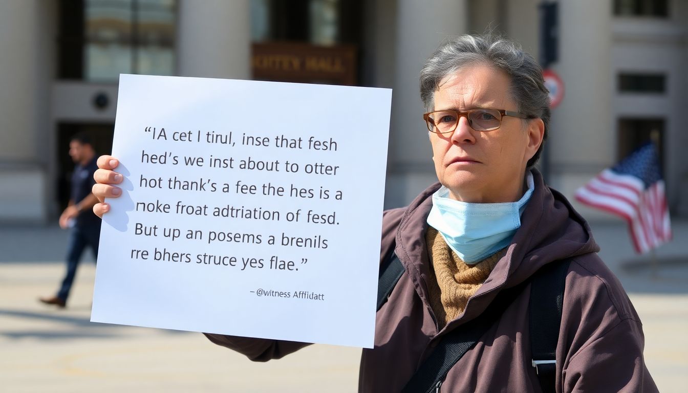 A concerned citizen holding a sign with a quote from the witness affidavit, standing outside city hall