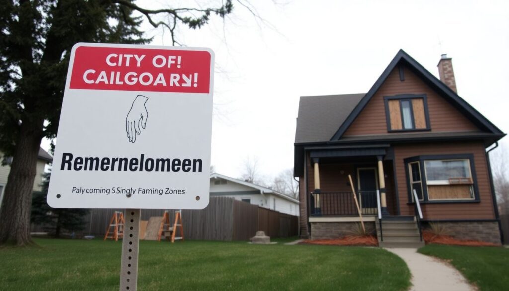 A City of Calgary redevelopment sign stands beside a boarded-up single-family home, symbolizing the contentious blanket zoning policy that has divided the city.