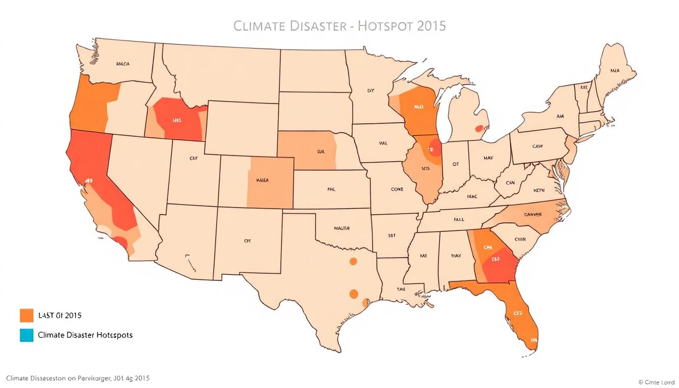 A map of the U.S. with climate disaster hotspots highlighted, showing the extent of damages and the need for adaptation.