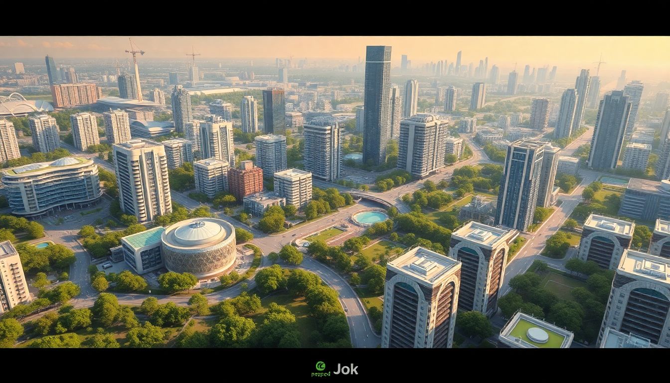 A futuristic cityscape with green spaces and sustainable buildings, representing the potential for a resilient, prepped future.