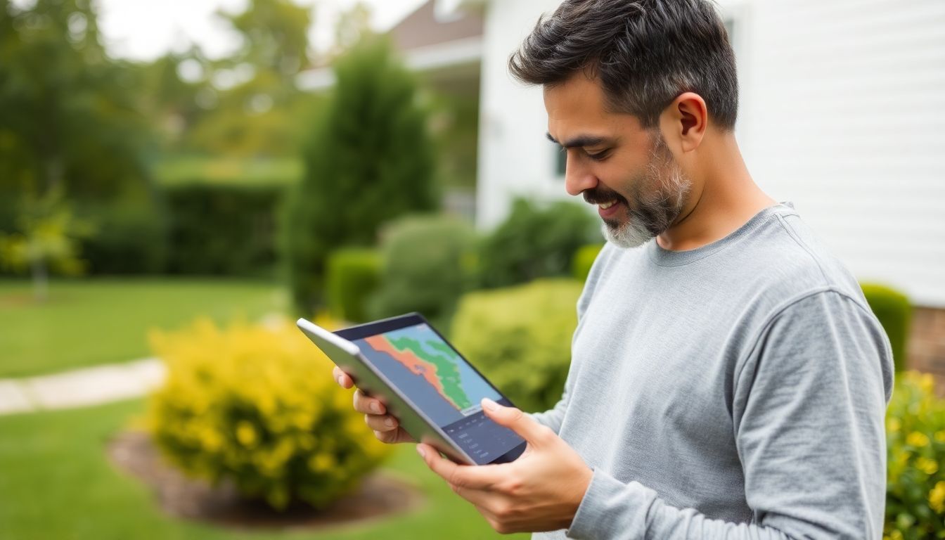 A homeowner checking their property's climate risk on a tablet, symbolizing the importance of individual preparedness.