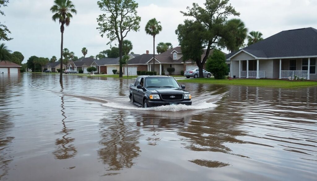 A flooded neighborhood in Geneva, Florida, with residents driving through waist-deep water, reflecting the urgent need for prepping and survival strategies in the face of escalating climate disasters.