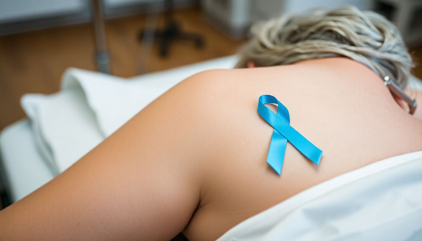 A person receiving chemotherapy, with a myeloma awareness ribbon visible.