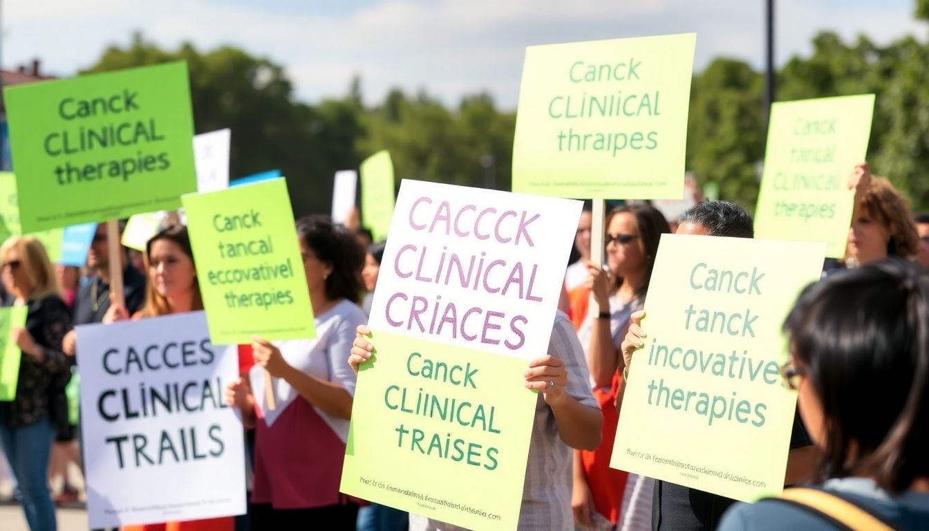 A group of people holding signs advocating for access to clinical trials and innovative therapies.