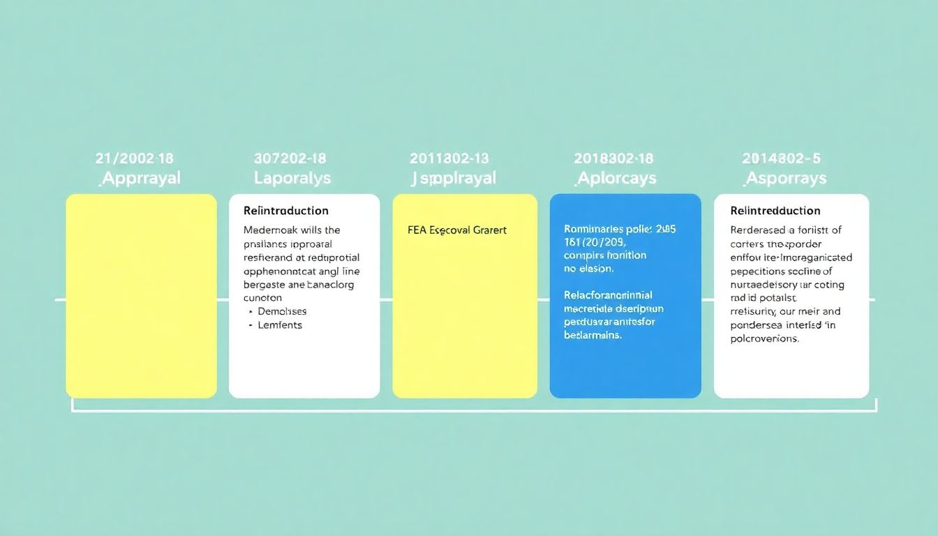 A timeline showing belantamab's approval, withdrawal, and potential reintroduction.