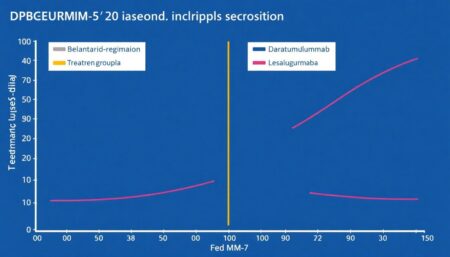 A graph showing the survival curves for both treatment groups in the DREAMM-7 trial, with a clear separation between the belantamab-based regimen and the daratumumab-based regimen.