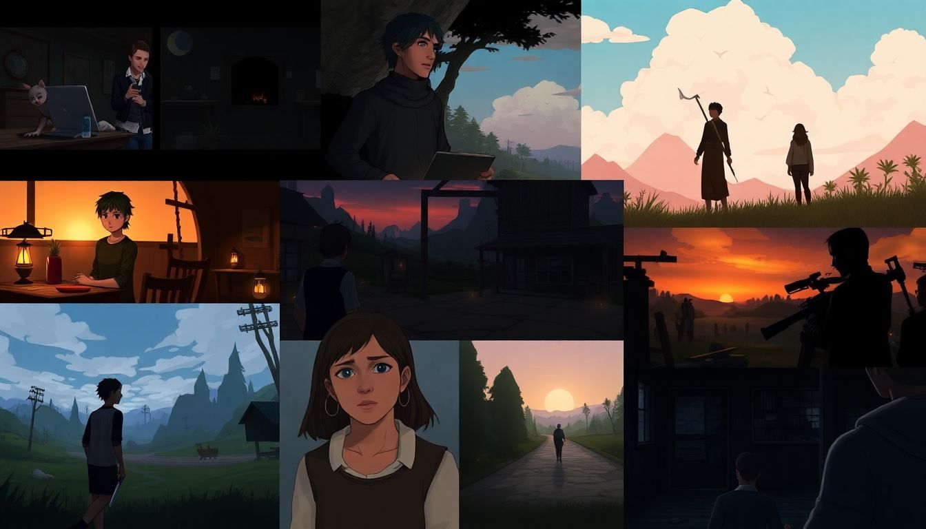 A collage of in-game screenshots showcasing the game's art style, characters, and tough decisions players must make.