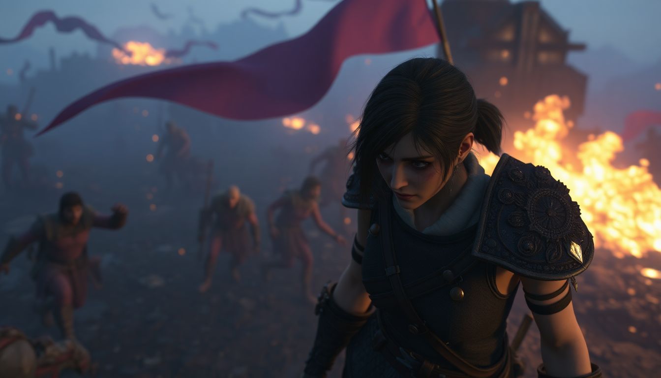 An in-game screenshot of Katia, injured and determined, amidst the chaos of a warzone.