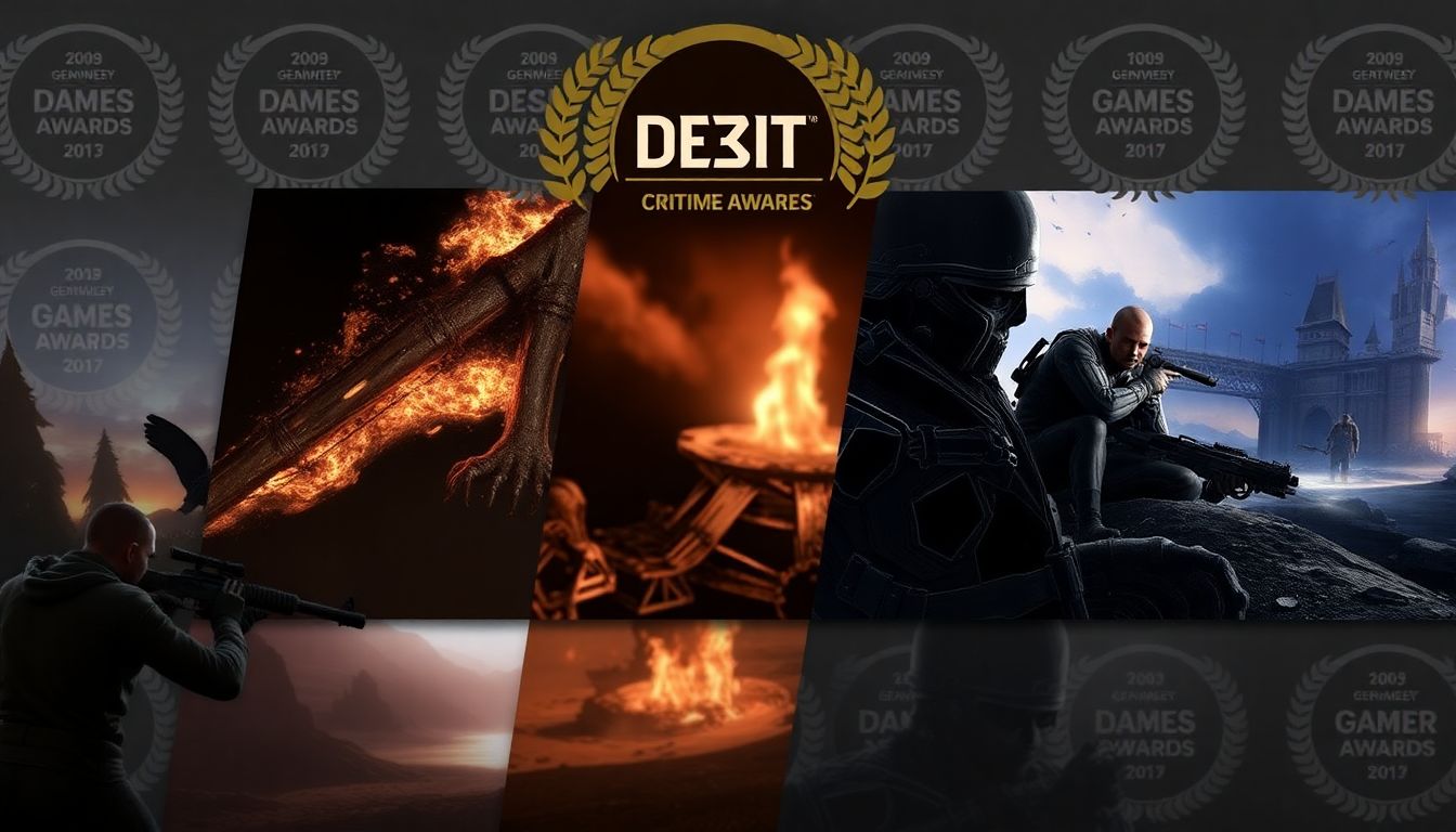 Concept art or in-game screenshots from potential future DLCs or sequels, with a background image of gaming awards or critical acclaim.