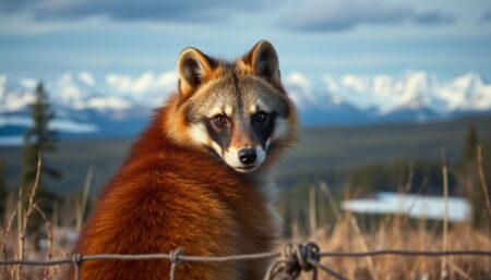 A concerned wolverine looking back at the reader, with Alberta's vast wilderness in the background, and a subtle hint of a trap in the foreground.