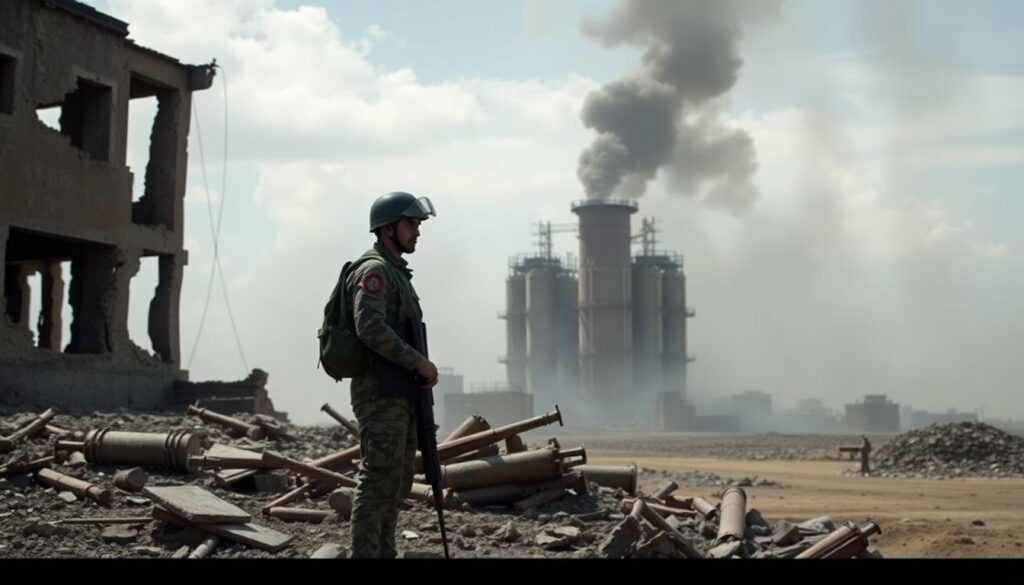 A distressed Syrian soldier stands guard at a crumbling chemical weapons facility, with smoke rising from the horizon, symbolizing the chaos and uncertainty that surrounds Syria's chemical weapons stockpile.