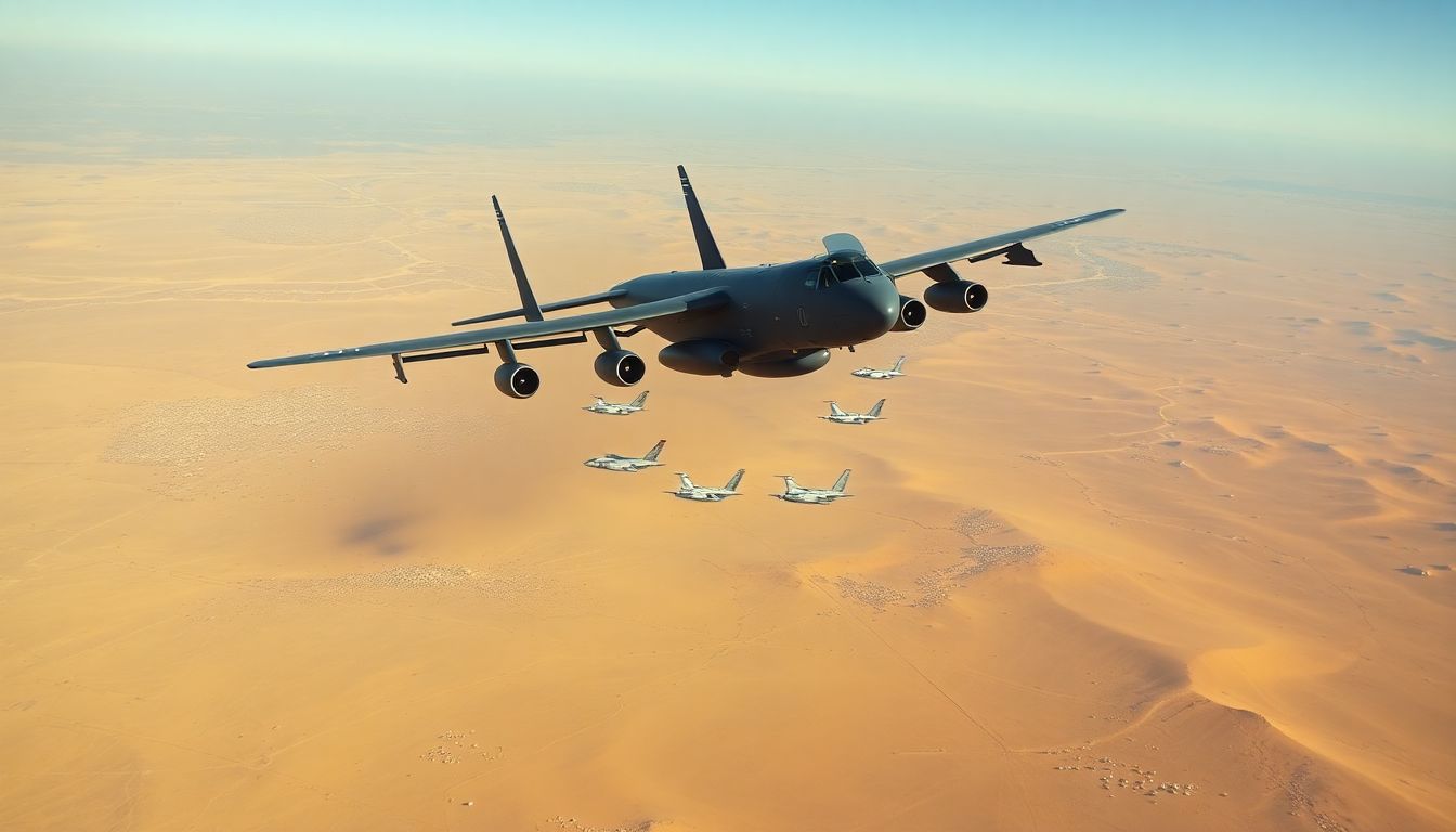 A U.S. military aircraft releasing bombs over a desert landscape, with ISIS targets marked below.