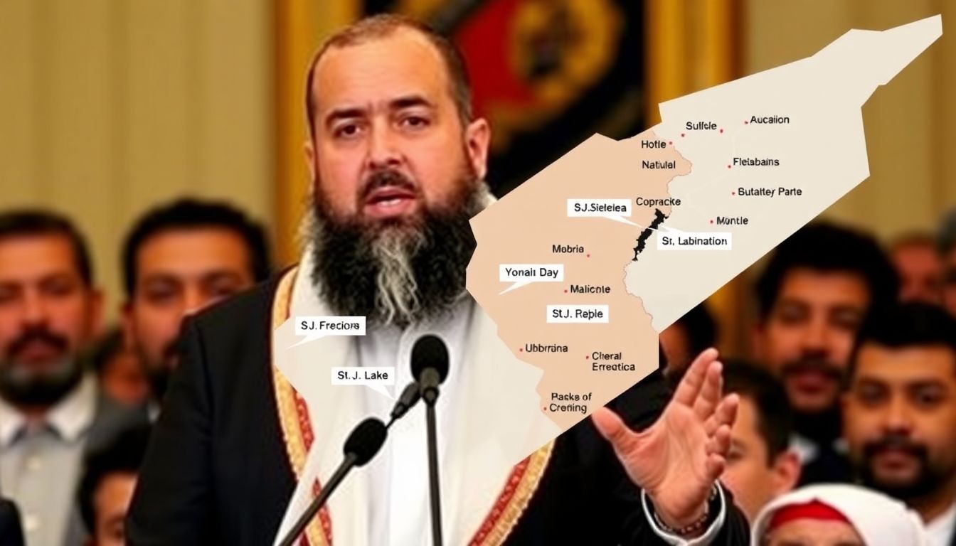 A serious-looking Ahmad al-Sharaa addressing a crowd, with a map of Syria and its various factions marked out.