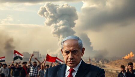 A dramatic image of the Syrian skyline with smoke rising from recent airstrikes, juxtaposed with celebratory Syrians returning home, and a stern-looking Benjamin Netanyahu in the foreground.