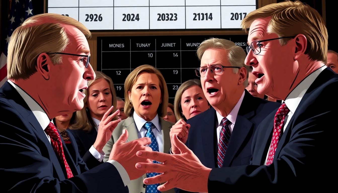 Politicians in a heated debate, with a calendar showing approaching deadlines in the background.