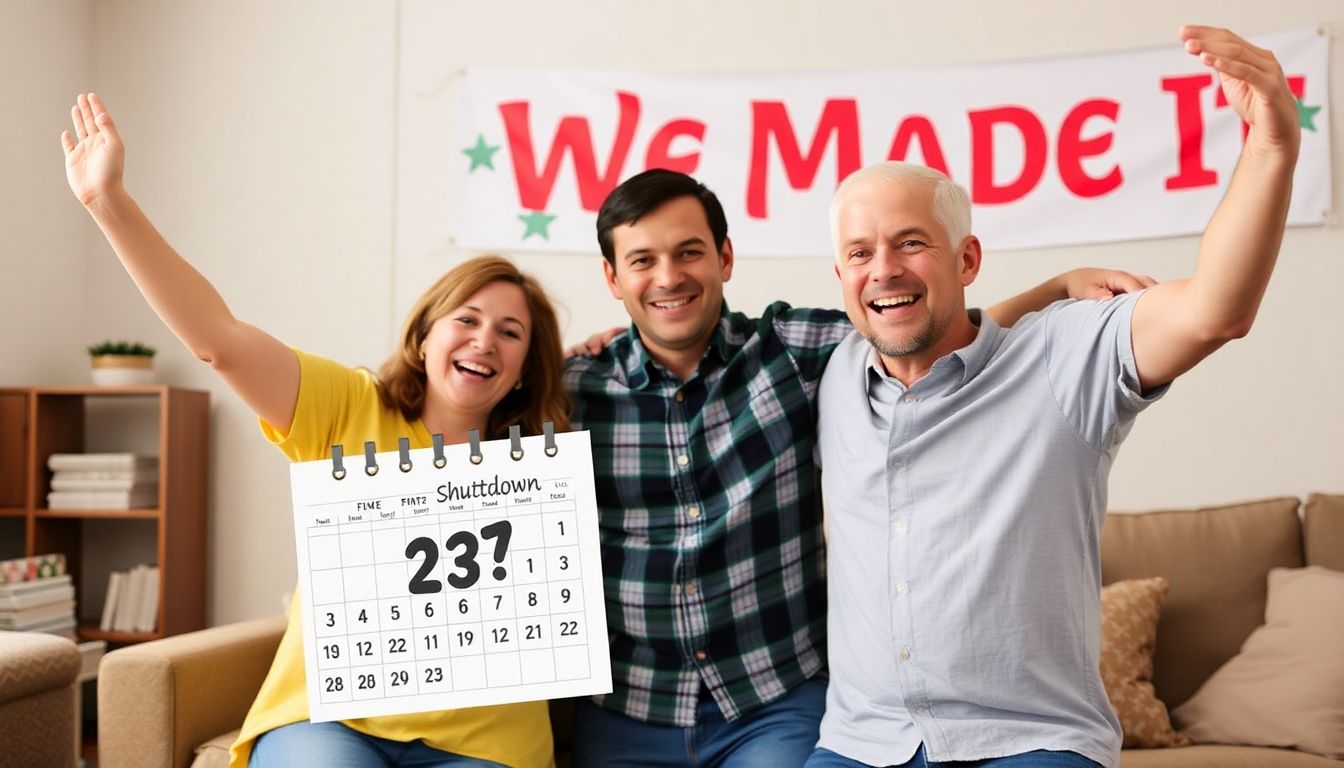 A family celebrating after a shutdown, with a calendar showing the end of the shutdown and a 'We Made It' banner in the background.