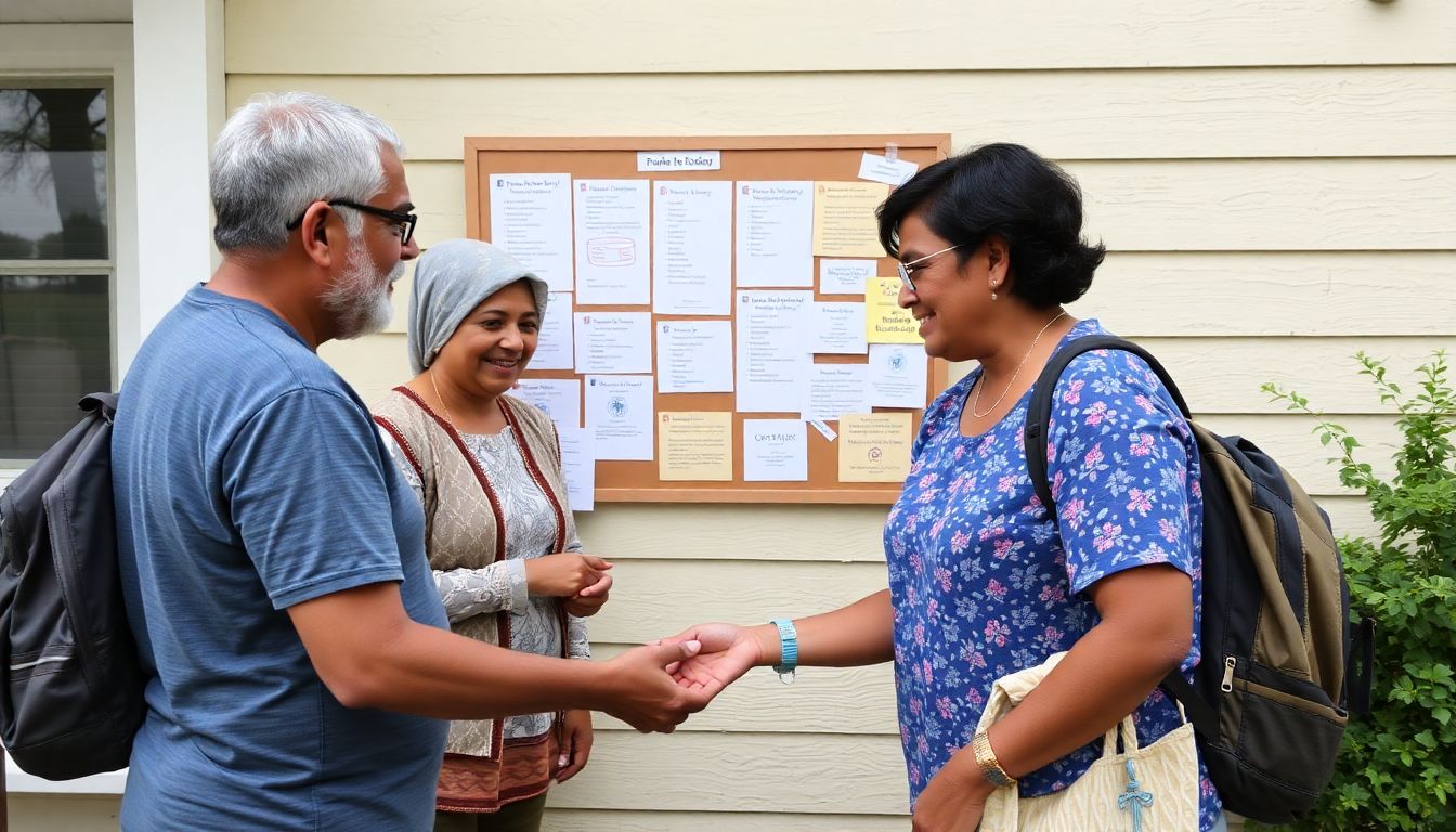 Neighbors helping each other, with a community bulletin board filled with helpful information in the background.