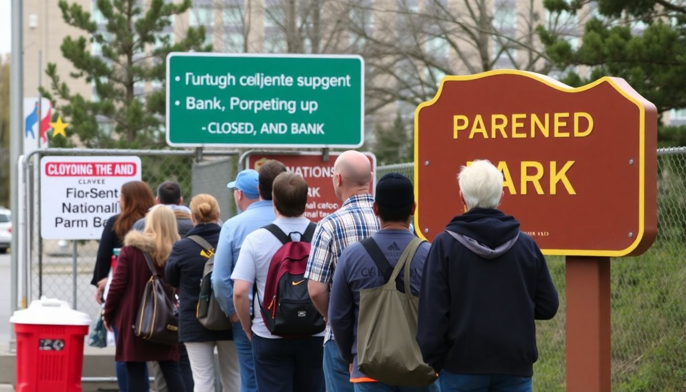 A line of furloughed federal employees waiting in line for a food bank, with closed national park signs in the background.