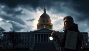 A Capitol building silhouette against a stormy sky, with a determined prepper holding a flashlight and a list of essentials.