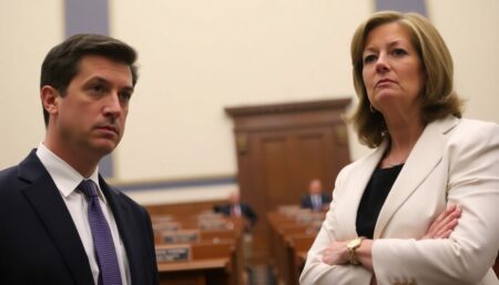 A photo of Jon Ossoff and Marjorie Taylor Greene standing on opposite sides of the Senate chamber, with Ossoff looking concerned and Greene defiant.