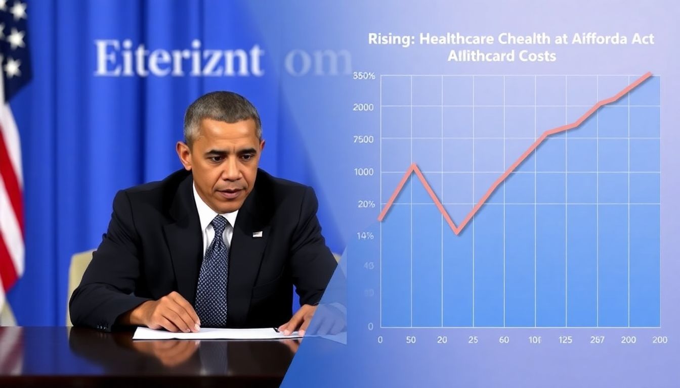 A split-screen image of Obama signing the Affordable Care Act and a graph showing rising healthcare costs.