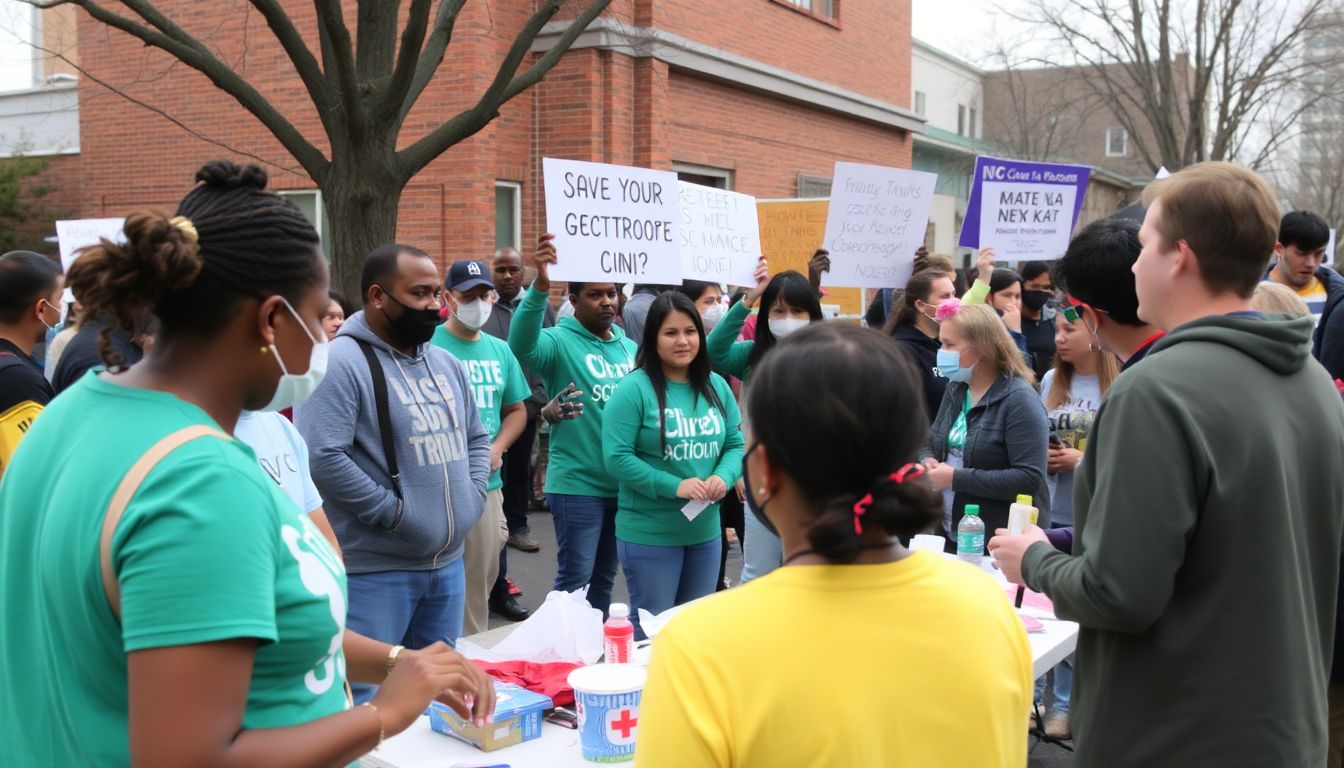 A community rally or a group of people volunteering at a local clinic.