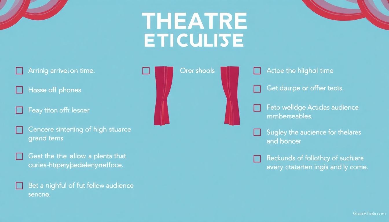 A checklist or infographic with tips for theatre etiquette, such as arriving on time, turning off phones, and being mindful of fellow audience members