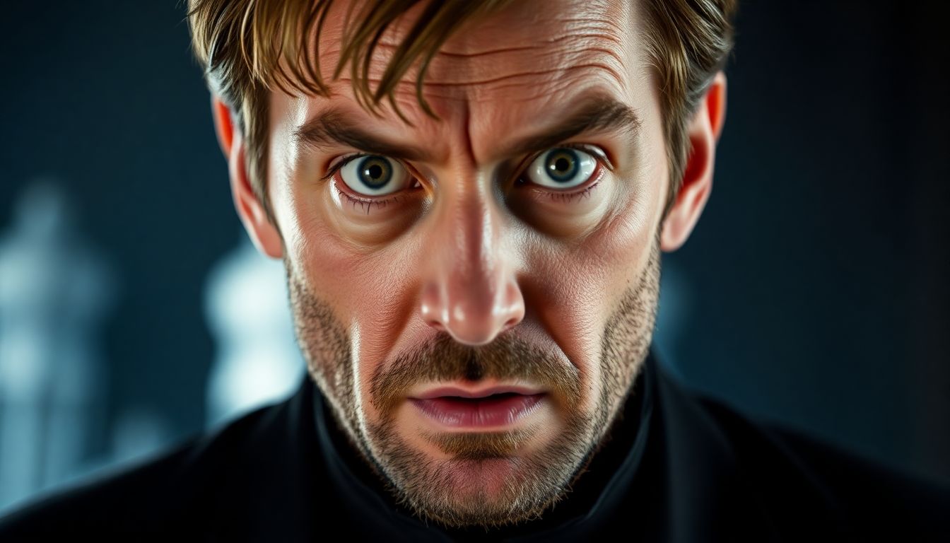 A close-up of David Tennant as Macbeth, looking intense and surprised