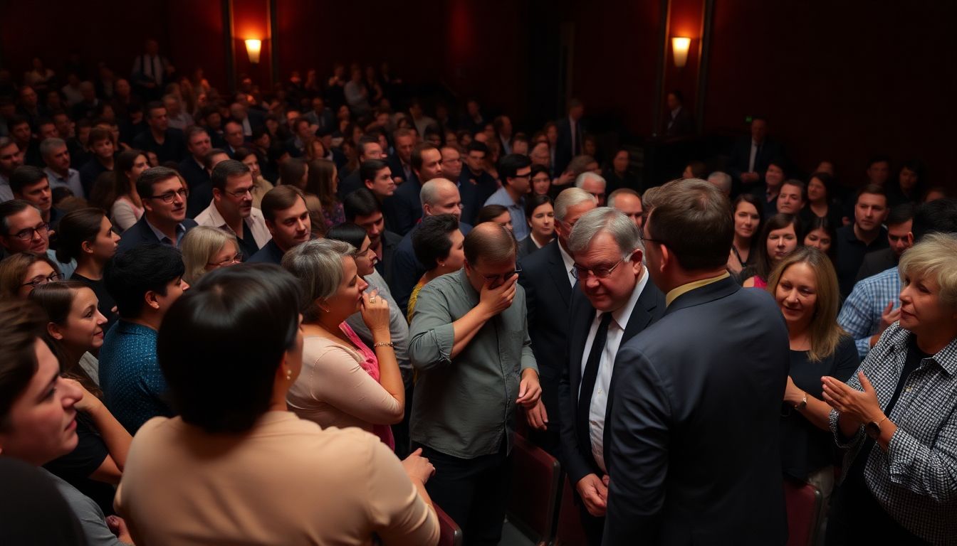 A crowded theatre with audience members standing, staff intervening, and a frustrated theatregoer being escorted out