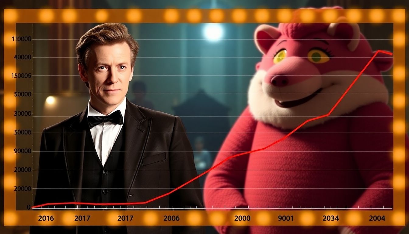 A graph or chart showing the box office records, with a photo of David Tennant and Cush Jumbo in the background