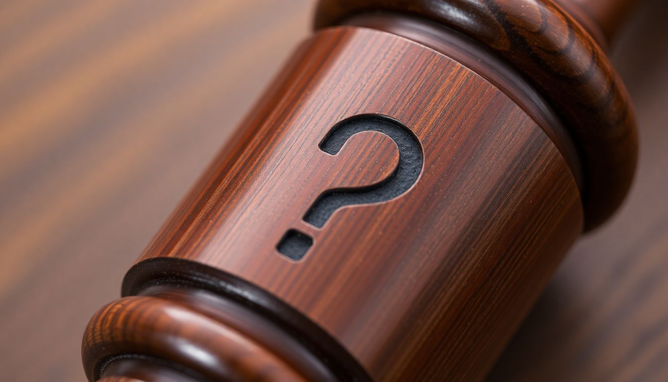 A close-up of Judge Hein's gavel, with a question mark etched into the wood, symbolizing the uncertainty and controversy surrounding his decisions.