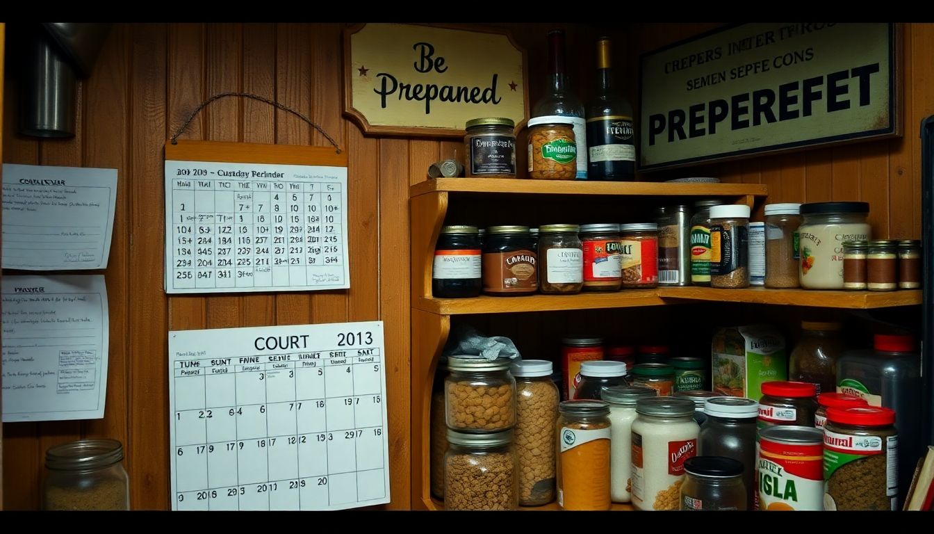 A well-stocked prepper's pantry, with a calendar marked with important court dates and a 'Be Prepared' sign hanging on the wall.