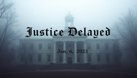 A somber image of the Pike County courthouse, shrouded in fog, with the words 'Justice Delayed' written in a haunting font, and the trial date 'Jan 6, 2023' crossed out.