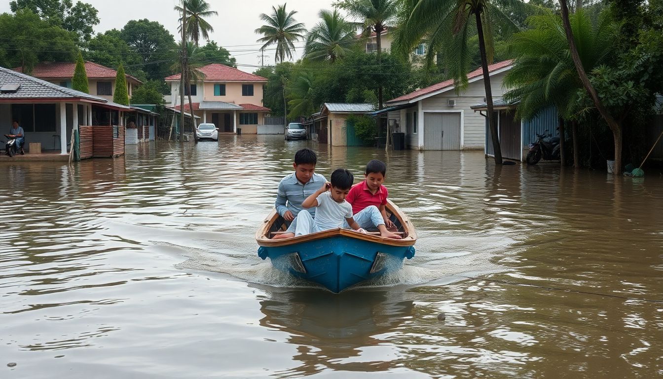 An image of a flooded town, with a family evacuating their home in a small boat.