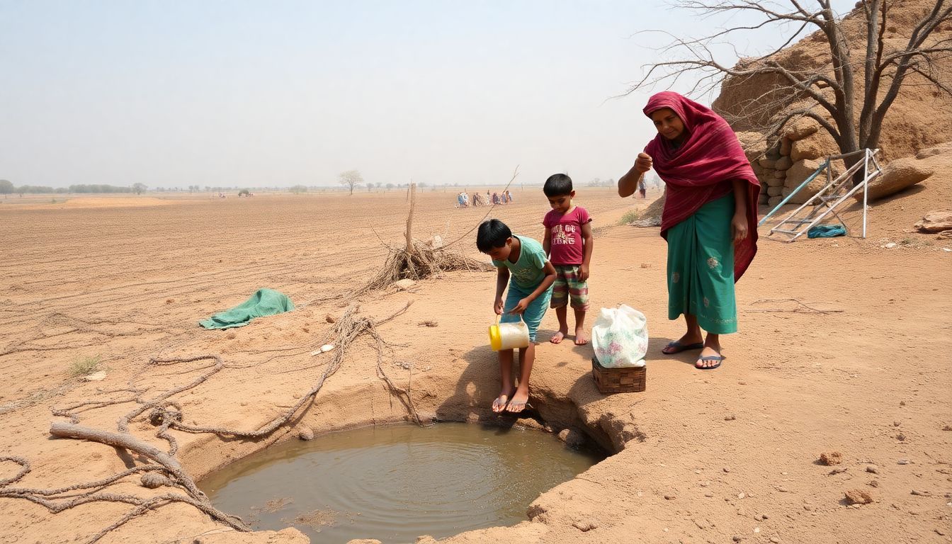 An image of a drought-stricken landscape, with a family collecting water from a dwindling source.