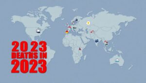 A striking image of a world map with various natural disaster icons (earthquakes, storms, floods, wildfires, etc.) marked on it, and the number of deaths in 2023 highlighted in bold, red font.