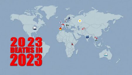 A striking image of a world map with various natural disaster icons (earthquakes, storms, floods, wildfires, etc.) marked on it, and the number of deaths in 2023 highlighted in bold, red font.