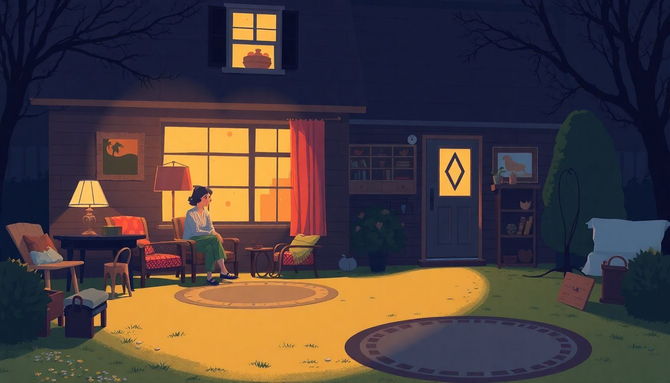 An illustration of the Dahl family home, cozily lit yet with an underlying sense of unease, reflecting the tension within the family.