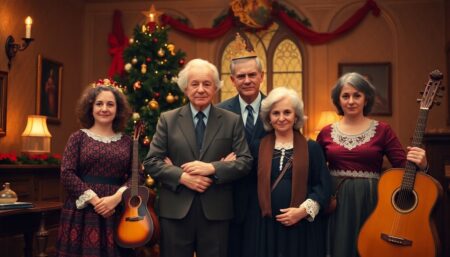 A captivating image of the Dahl family, dressed in their Christmas best, standing together yet worlds apart, with a hint of the religious iconography and musical instruments that permeate the play.