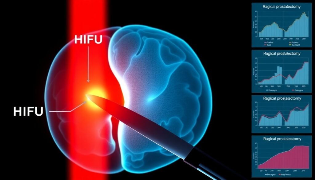 A close-up of a prostate gland with a red, laser-like beam representing HIFU treatment, contrasting with a surgical scalpel for radical prostatectomy, with a background of medical charts and graphs showing positive outcomes.