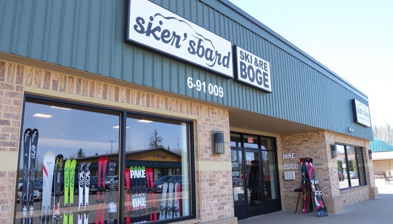 The exterior of Skier's Edge Ski & Board Pro Shop, with skis and snowboards displayed in the window