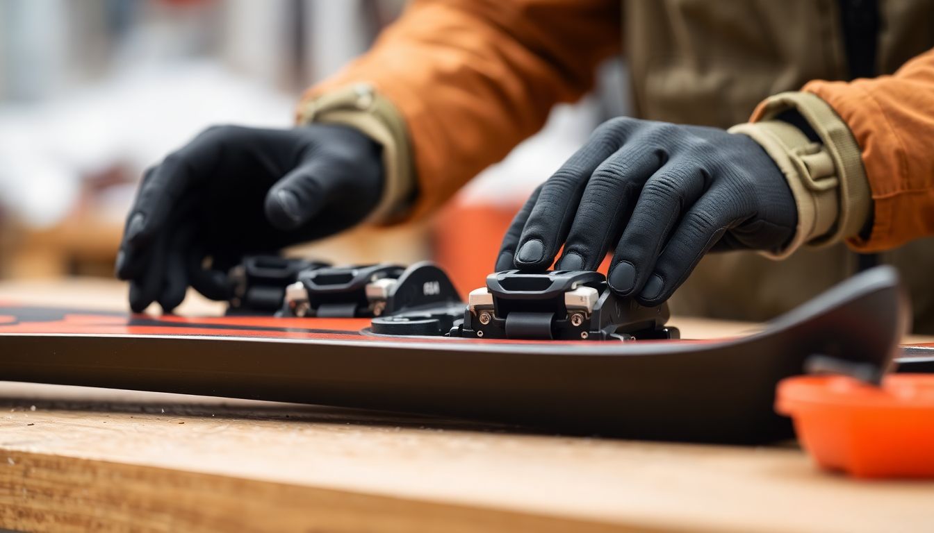 A close-up of a skier's hands inspecting the bindings of a pair of skis on a workbench