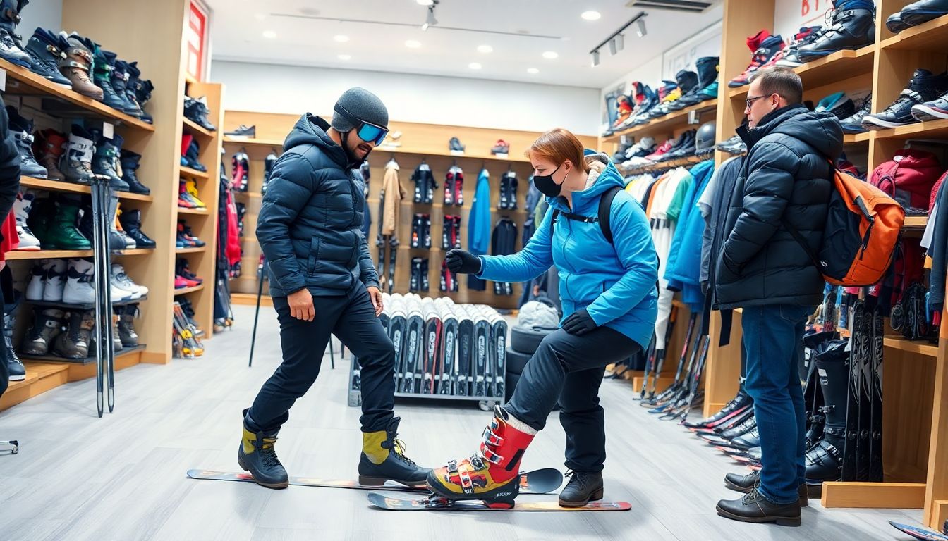 A skier trying on ski boots in a shop, with a salesperson assisting them