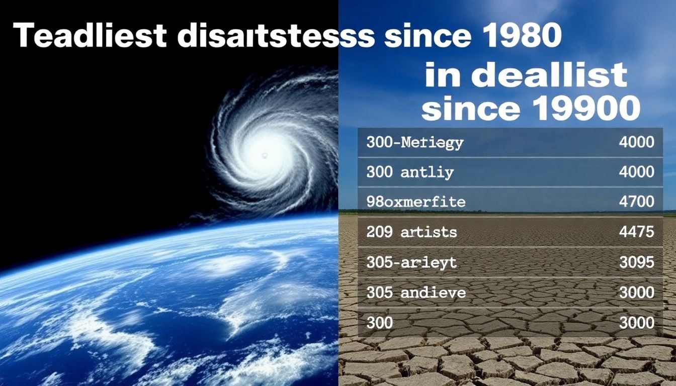 A composite image of a hurricane and a drought-stricken landscape, with a list of the deadliest disasters since 1980.